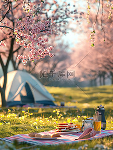 淡蓝淡粉插画图片_淡粉色的樱花树下野餐插画海报