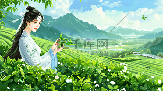 花期时节插画图片_谷雨时节采茶女插画3