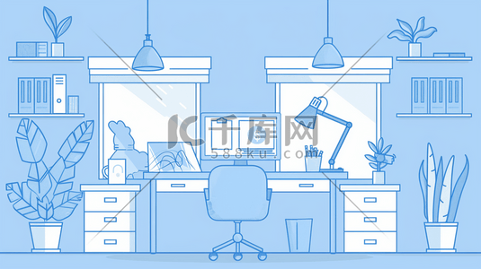 室内蓝色插画图片_蓝色扁平化平面简约室内桌椅精英办公的插画