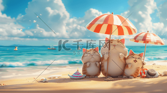 沙子插画图片_沙滩度假的小猫插画
