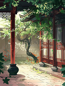 中国古风的庭院绿树插画图片