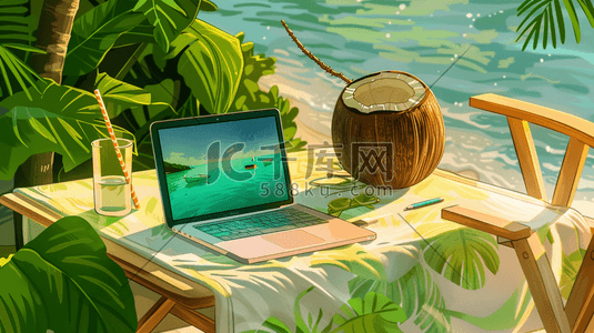 手绘唯美海边椰子电脑饮料桌椅的插画