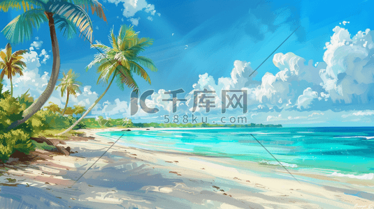 唯美海边海边沙滩插画图片_蓝色唯美大海海边建筑房屋风景的插画