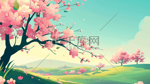 唯美粉色树木户外风景花草的插画