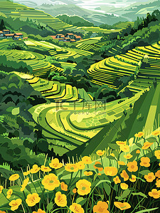 农村人广场舞插画图片_稻田农村的黄色花朵和绿色田野插画设计