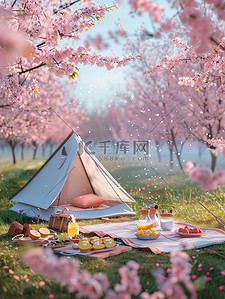 淡粉色的樱花树下野餐图片