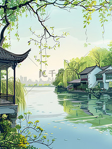 江南的河岸在春风插画素材