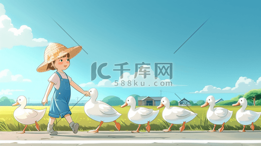 跑大白鹅插画图片_蓝天白云下卡通女孩放养白鹅的插画