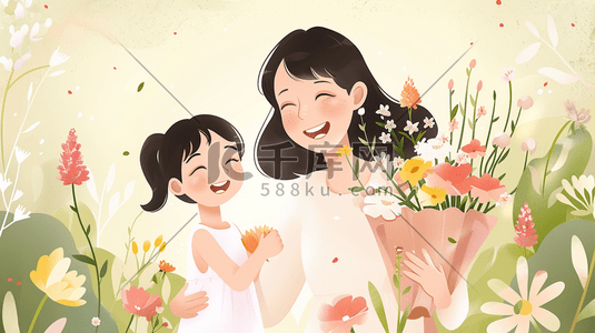 小锤子绘制插画图片_绘制母亲节母女花朵花卉花丛的插画