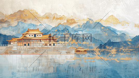 水彩蓝色古建筑城楼山水风景的插画