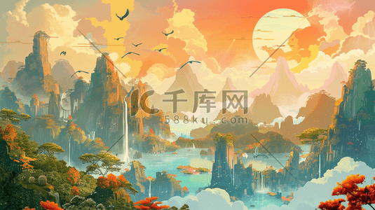 缤纷唯美户外风景山水如画的插画