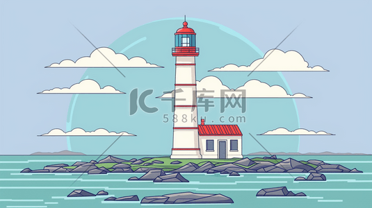 aigc灯塔插画图片_彩色缤纷绘画风格户外海边灯塔的插画