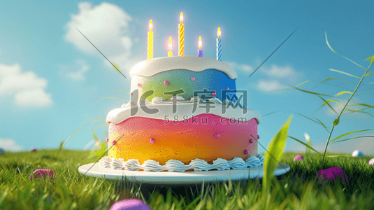 蛋糕双层插画图片_唯美绿色草坪上彩色蛋糕的插画