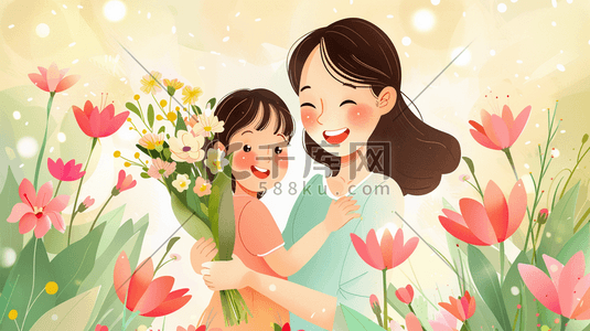 绘制母亲节母女花朵花卉花丛的插画