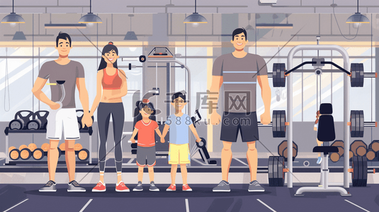 运动器材边框插画图片_时尚健身房里一家人健身的插画