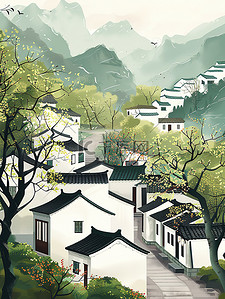 安徽茶山插画图片_乡村春天绿树黛瓦白墙素材