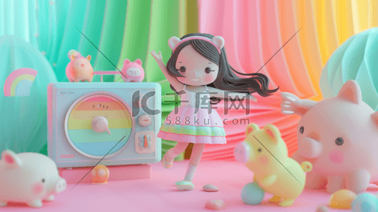 彩色缤纷梦幻唯美卡通女孩玩具的插画