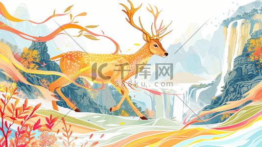 彩色水彩户外山水风景梅花鹿的插画