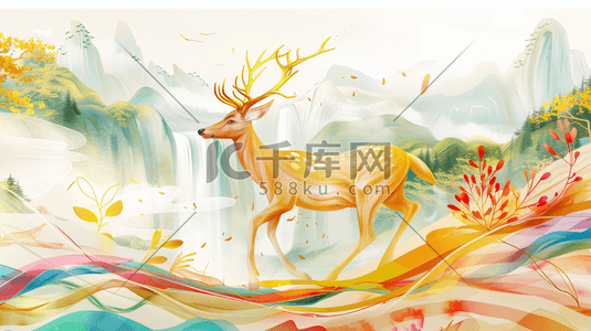 彩色水彩户外山水风景梅花鹿的插画