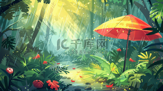 雨伞插画图片_雨季户外森林下雨雨伞的插画