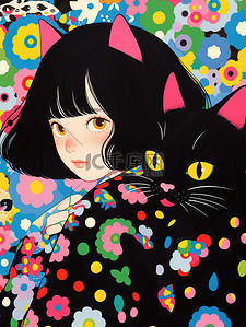 红黑色天猫主图插画图片_一个女孩和一只黑猫素材