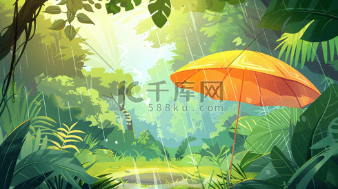 雨季户外森林下雨雨伞的插画