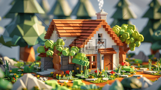 彩色2.5D立体房屋积木场景的插画
