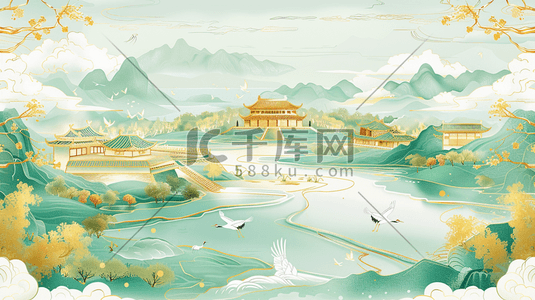 山水科技风插画图片_唯美中式国画艺术山水风景的插画