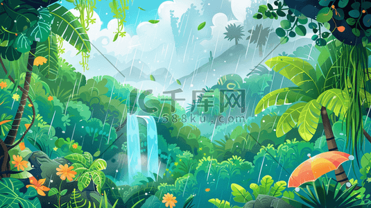天气自然插画图片_雨季户外森林下雨雨伞的插画