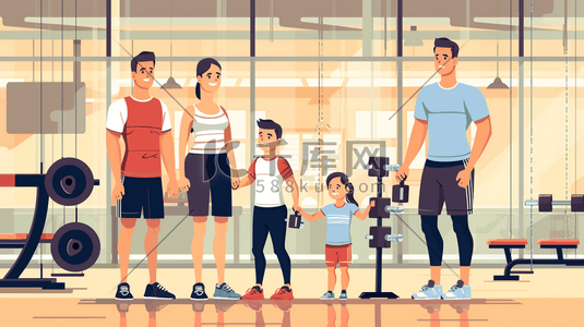 运动健身健身房插画图片_时尚健身房里一家人健身的插画
