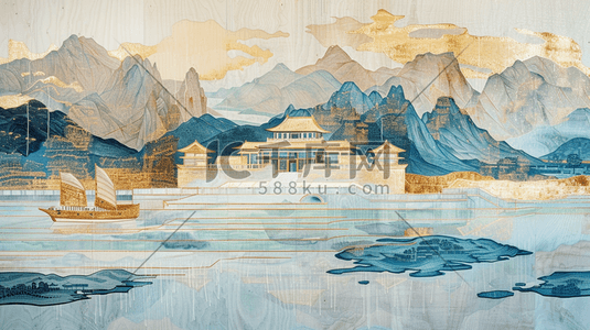 城楼插画图片_水彩蓝色古建筑城楼山水风景的插画