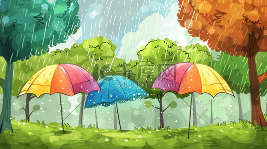 自然森林树木插画图片_雨季户外森林下雨雨伞的插画