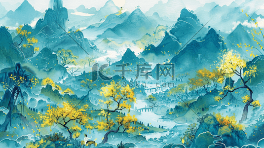 水彩画画插画图片_水彩绘画唯美山景山色树木的插画