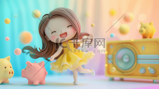 ktv音响主图插画图片_彩色缤纷梦幻唯美卡通女孩玩具的插画