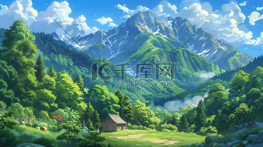 春天绿色山景山色大气树木风景的插画