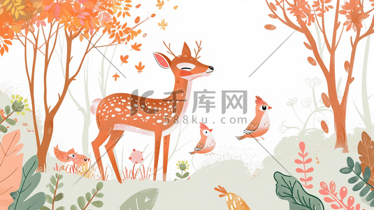 彩色风格动物插画图片_彩色手绘树叶花草梅花鹿的插画