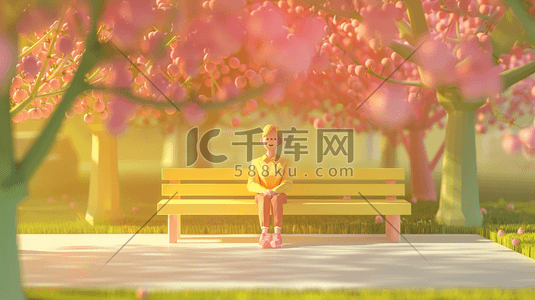 粉色缤纷树木公园里长椅上人物坐着的插画