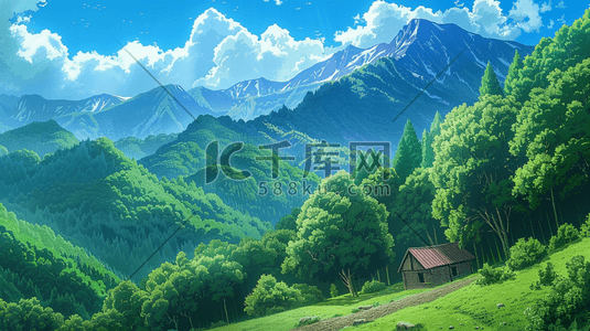 自然色插画图片_春天绿色山景山色大气树木风景的插画