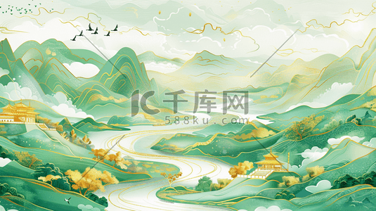 原创艺术字插画图片_唯美中式国画艺术山水风景的插画