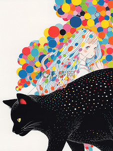 猫咪黑色插画图片_一个女孩和一只黑猫插画海报