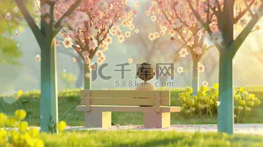 坐着插画图片_粉色缤纷树木公园里长椅上人物坐着的插画