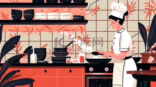 厨师做面插画图片_手绘绘画男士厨房厨师做饭的插画