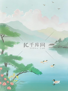 涂鸦粉笔插画图片_春江水暖的鸭子粉笔画插画素材