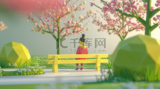 粉色缤纷树木公园里长椅上人物坐着的插画