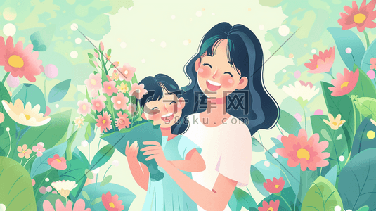 手点绘制插画图片_绘制母亲节母女花朵花卉花丛的插画