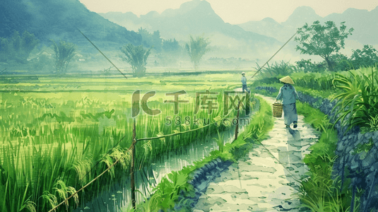 手绘绿色户外稻田老人小孩道路行走的背景插画