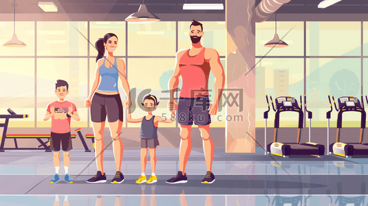 运动器材边框插画图片_时尚健身房里一家人健身的插画