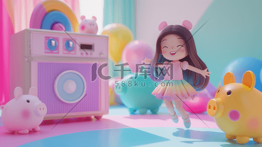 猪插画图片_彩色缤纷梦幻唯美卡通女孩玩具的插画