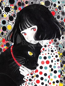 宠物猫海报插画图片_一个女孩和一只黑猫插画海报