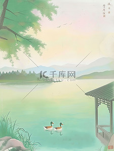 春江水暖的鸭子粉笔画插画设计